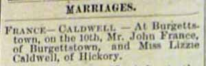 Marriage Notice for John FRANCE to Lizzie Caldwell, 10 Jan 1894