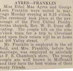 Marriage Notice of George Leon FRANKLIN to Ethel Mae AYRES, Monday March 22, 1920 and in 3-25-1920 
paper