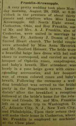 Marriage notice for 
Roy FRANKLIN to Linna Krownapple, 20 Aug 1928
