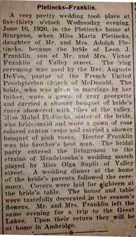 Marriage Notice for Leon J. FRANKLIN to Maria Pletincks, 16 Jun 1926