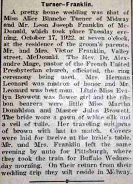 Marriage Notice for Leon Joseph FRANKLIN to Alice Blanche Turner, 17 Oct 1922