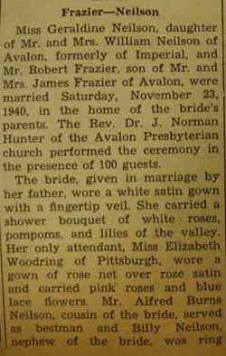 Part 1 Marriage Notice for Robert FRAZIER to Geraldine Neilson, 23 Nov 1940