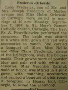 Marriage Notice for Leon FREDERICK to Helen Orlowski, 7 Sep 1936