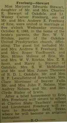 Marriage Notice for Wesley Carver FREEBURG to Marjorie Edwards Stewart, 6 Oct 1943
