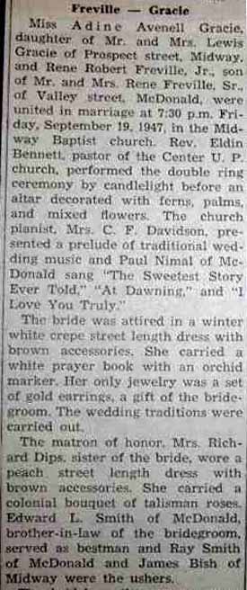 Part 1 Marriage Notice for Rene Robert FREVILLE, Jr. to Adine Avenell Gracie, 19 Sep 1947