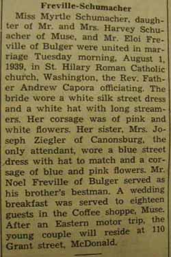 Wedding notice for Eloi FREVILLE to Myrtle Schumacher, 1 Aug 1939