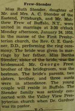 Marriage Notice for Matthew FREW to Ruth Stender, 24 Jan 1938