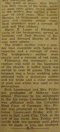 Part 2 marriage notice for 
Robert FRIDAY to Betty Brabson, 17 Jan 1944