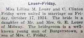 Marriage Notice for Clinton FRIDAY to Lillian M. Louer, 17 Oct 1924
