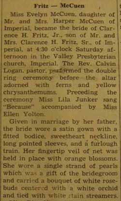 Part 1 Marriage Notice for Clarence H. FRITZ, Jr. to Evelyn McCuen, no date, in 11-8-1946 paper