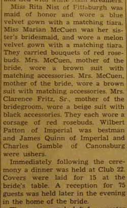 Part 2 Marriage Notice for Clarence H. FRITZ, Jr. to Evelyn McCuen, no date, in 11-8-1946 paper