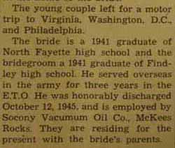 Part 3 Marriage Notice for Clarence H. FRITZ, Jr. to Evelyn McCuen, no date, in 11-8-1946 paper