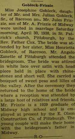 Marriage Notice for Jules FRIZZIE to Josephine Gobleck, 30 Apr 1938