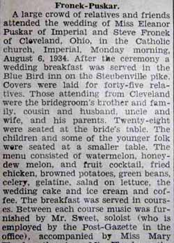Part 1 Marriage Notice for Steve FRONEK to Eleanor Puskar, 6 Aug 1934