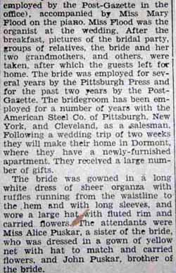 Part 2 Marriage Notice for Steve FRONEK to Eleanor Puskar, 6 Aug 1934