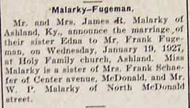 Marriage Notice for Frank FUGEMAN to Edna MALARKY, Wed., Jan. 19, 1927
