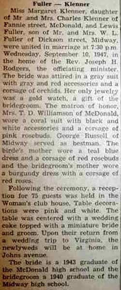 Marriage Notice for Lewis FULLER to Margaret Klenner, 10 Sep 1947