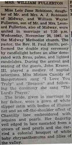 Part 1 Marriage Notice for William Wayne FULLERTON to Lois Jane Robinson, 26 Nov 1947