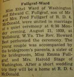 Marriage notice for 
        Edward C. FULLGRAF to Ethel Ward, 21 Aug 1939