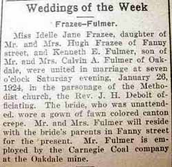Marriage Notice for Kenneth E. FULMER to Idelle Jane Frazee, 26 Jan 1924