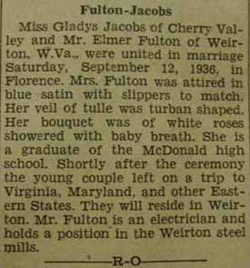 Marriage Notice for Elmer FULTON to Gladys Jacobs, 12 Sep 1936
