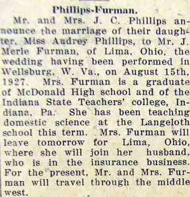 Marriage Notice for J. Merle FURMAN to Audrey Phillips, 15 Aug 1927