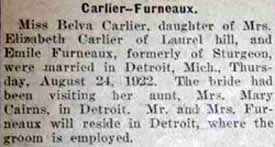 Marriage Notice for Emile FURNEAUX to Belva Carlier, 24 Aug 1922