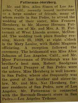 Marriage Notice for Murray Herman FUTTERMAN to Frances Herzberg, The McDonald, PA Record newspaper of 25 or 30 Mar 1928