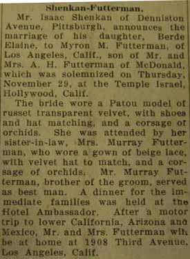 Marriage Notice for Myron M. FUTTERMAN to Berde Elaine SHENKAN,  Thursday, November 29, 1928