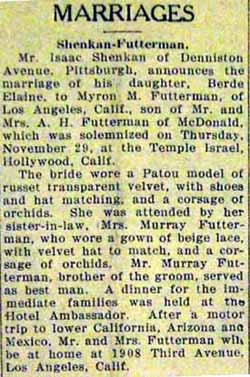 Marriage Notice for Myron M. FUTTERMAN to Berde Elaine SHENKAN, Thursday, November 29, 1928