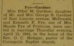Marriage notice for 
Kenneth F. FYE to Ethel M. Gardner, 13 Apr 1944