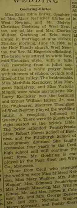 Marriage Notice for Melvin Christian GOEHRING to Erma Edna Ehrler, 13 Jun 1938