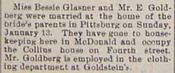 Marriage Notice for Mr. E. GOLDBERG to Miss Bessie GLASNER, Sun., Jan. 13, 1907