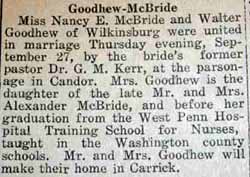 Marriage Notice for Walter GOODHEW to Nance E. McBride, 27 Sep 1923