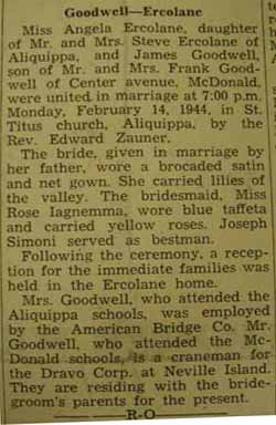 Marriage Notice for James GOODWELL to Angela Ercolane, 14 Feb 1944