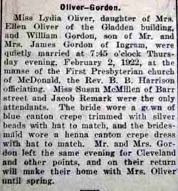 Marriage Notice for William GORDON to Lydia Oliver, 2 Feb 1922