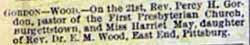 Marriage Notice for Percy H. GORDON to Harriet May Wood, 21 Apr 1897