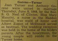Marriage Notice for Anthony GORENC to Jean Turner, 8 Jun 1944