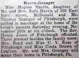 Marriage Notice for Thomas GRANGER to Mayme Harris, 25 Nov 1922