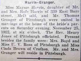Marriage Notice for Thomas GRANGER to Mayme Harris, 25 Nov 1922