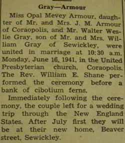 Marriage Notice for 
 Walter Weslie GRAY to Opal Mevey Armour, 16 Jun 1941