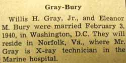 Marriage Notice for Willis H. GRAY, Jr. to Eleanor M. Bury, 3 Feb 1940