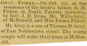 Marriage Notice for Willis GRAY to Emma Fisher, 5 Oct 1892