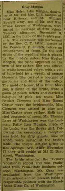 Marriage notice for William Everett GRAY to Helen Jane Morgan, 9 Nov 1937