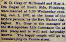 Marriage Notice for E. D. GRAY to A. Iris Regan, 2 Jan 1906