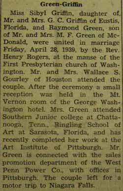 Marriage Notice for Raymond GREEN to Sibyl Griffin, 28 Apr 1939