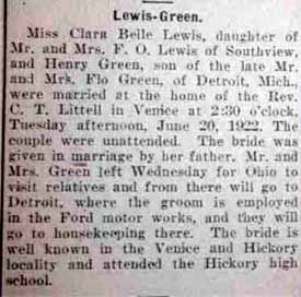 Marriage Notice for Henry GREEN to Clara Belle Lewis, 20 Jun 1922