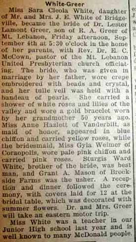 Marriage Notice for Lester Lamont GREER to Sara Cleola White, 4 Sep 1925