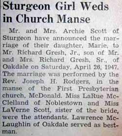 Marriage Notice for Richard GRESH, Jr. to Marie Scott, 26 Apr 1947