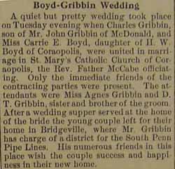 Marriage Notice for Charles GRIBBIN to Carrie E. Boyd, no date, in 5-15-1914 paper